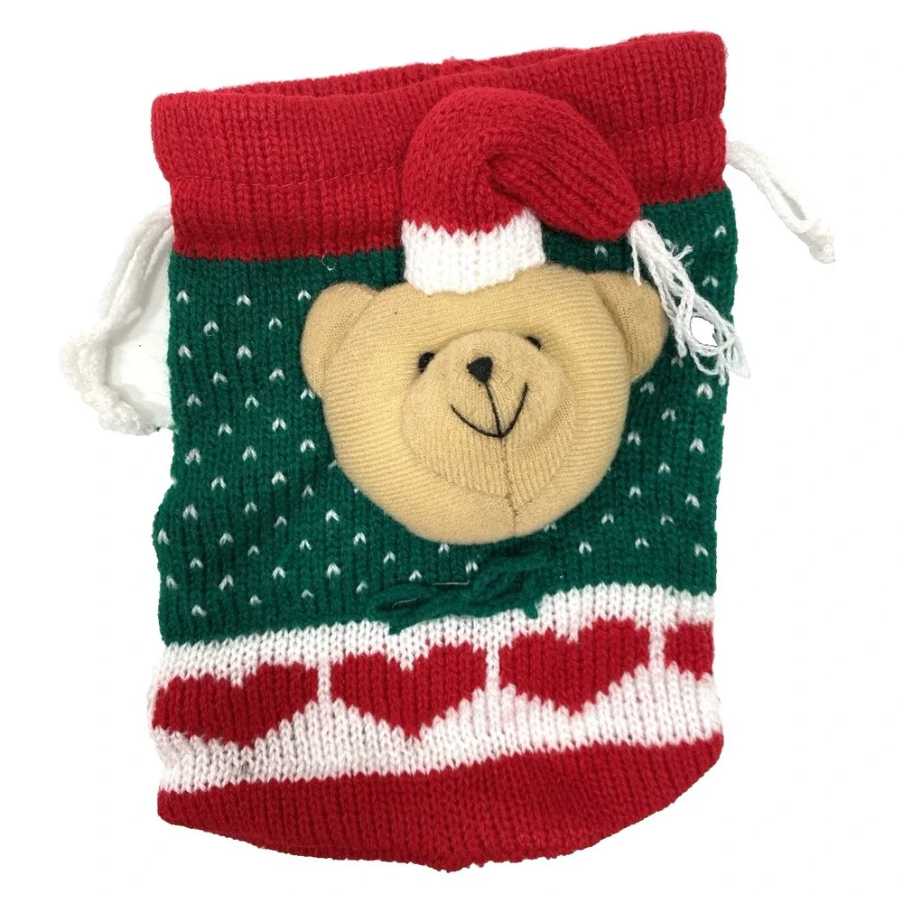 Christmas Knit Gift Bags with Draw String for Gifts or Candy Lot of 2 Bears